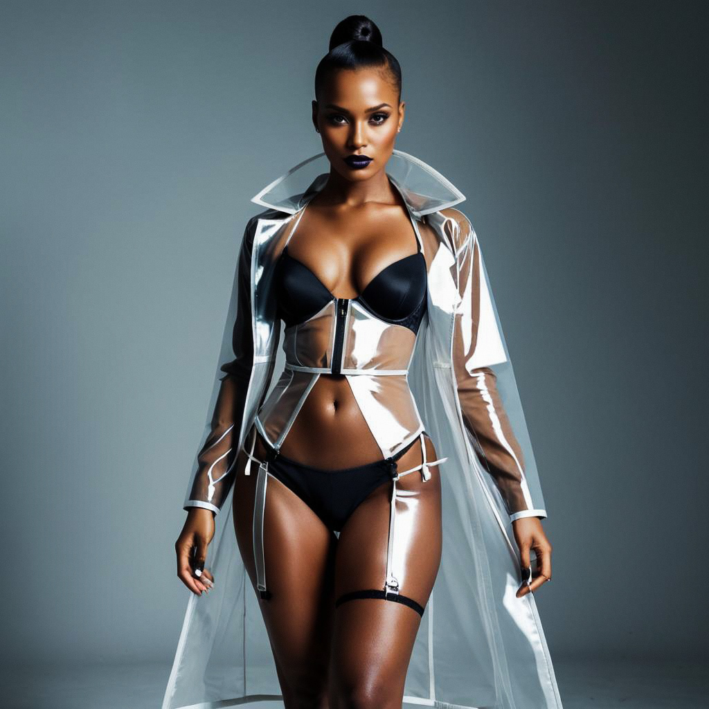 Confident Woman in Futuristic Vinyl Trench Coat Confident Woman in Futuristic Vinyl Trench Coat