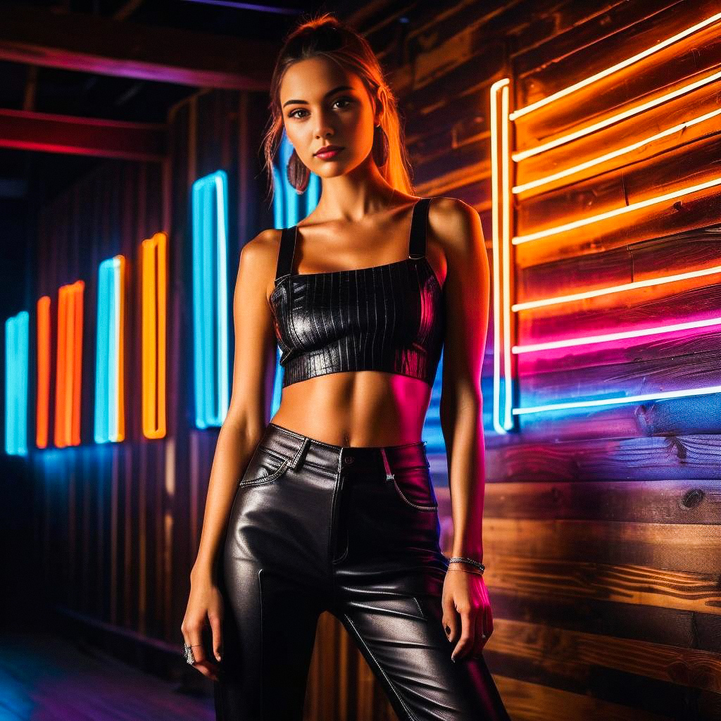 Confident woman in neon-lit modern interior Confident woman in neon-lit modern interior