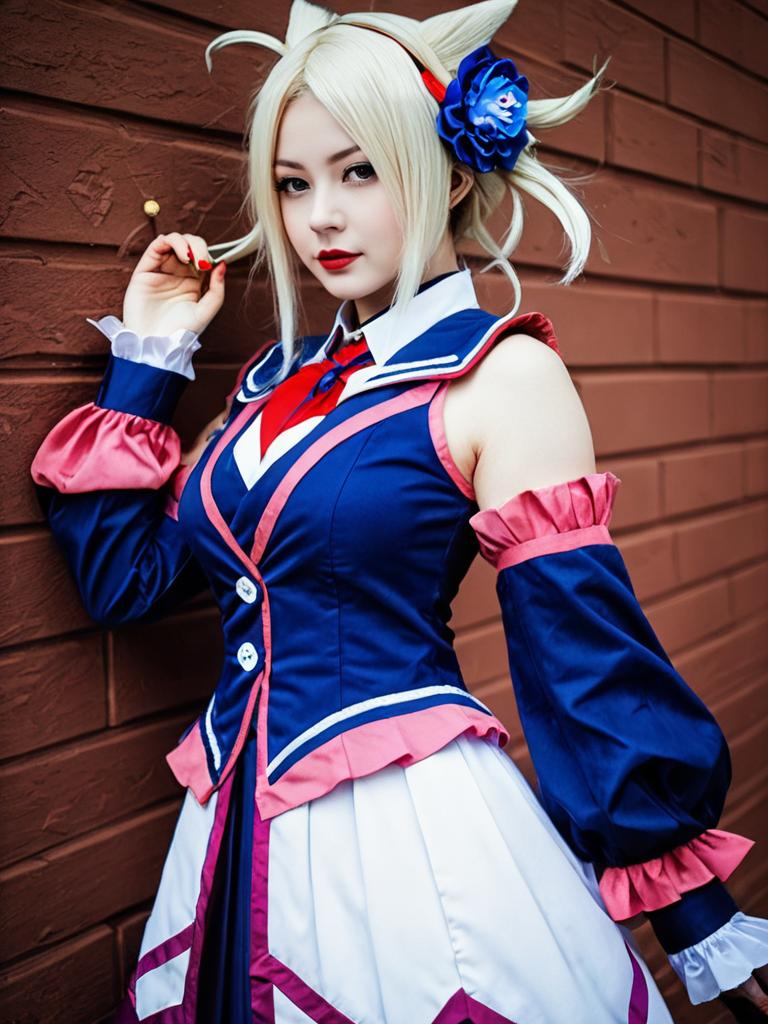Realistic Vinsmoke Reiju Cosplay Woman Character in Blue and Pink Anime Costume