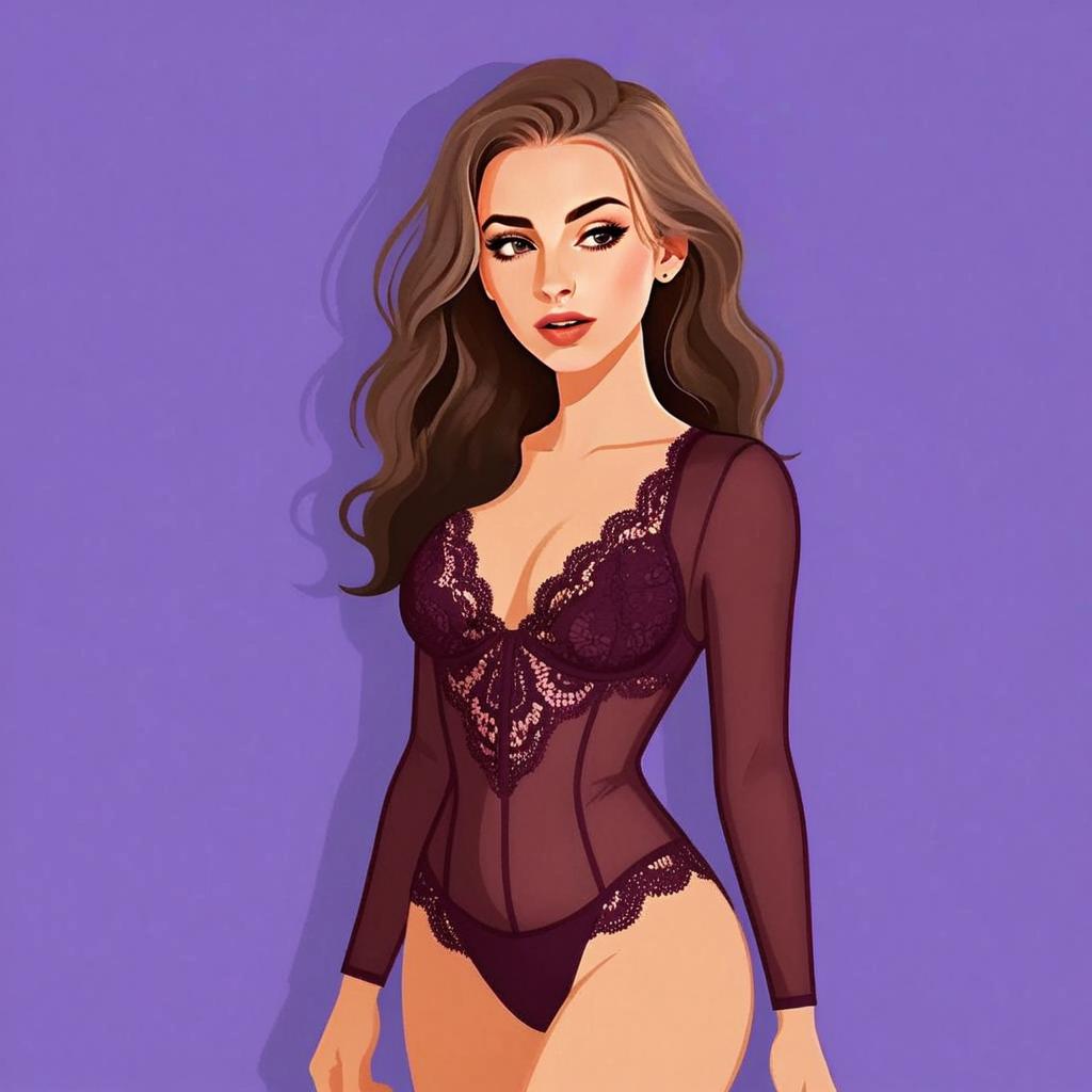 Woman Wearing Deep Burgundy Lace Mesh Lingerie Digital Illustration