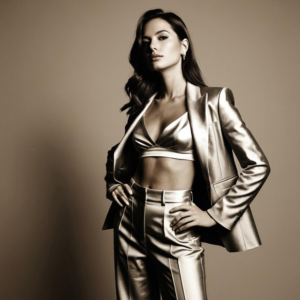 Fashionable Woman in Metallic Gold Suit with Bralette - Stylish Modern Portrait