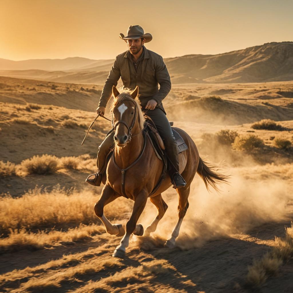 Man Galloping on Horse through Dusty Terrain