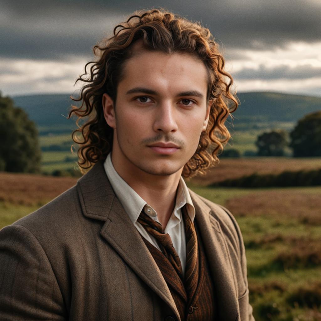 Young Man in Vintage Attire Against Dramatic Landscape