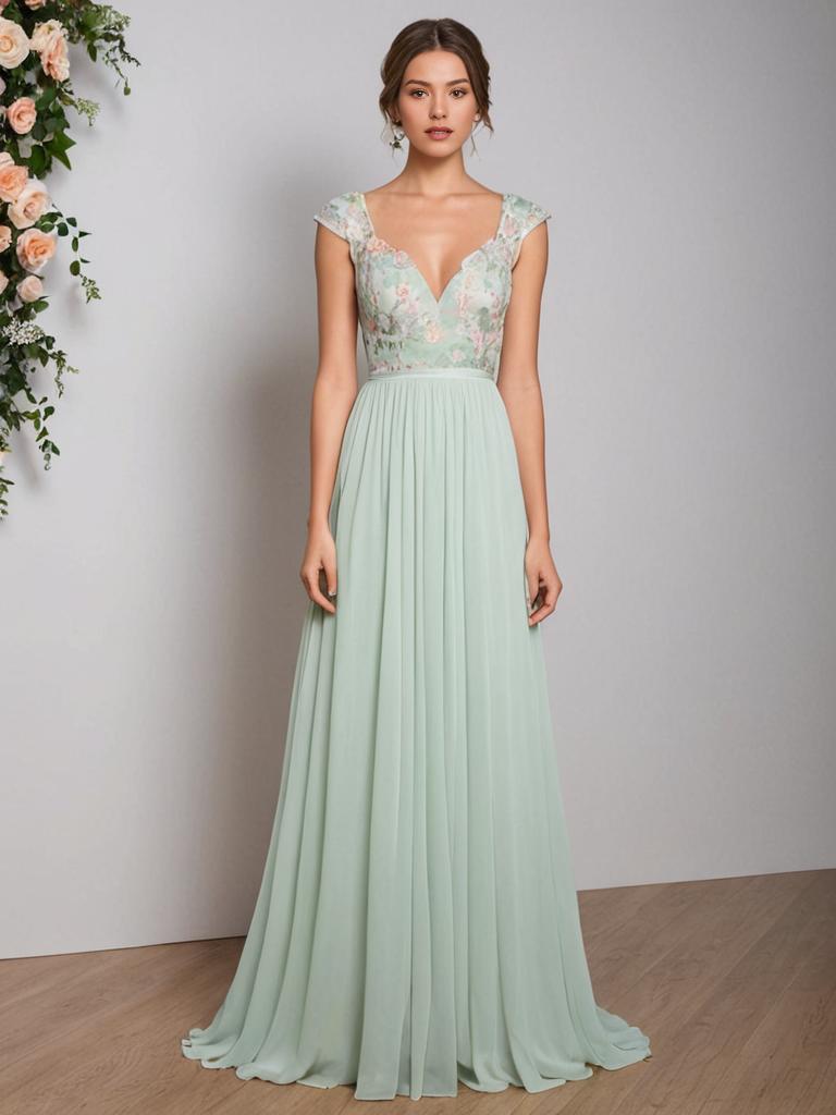 Elegant Mint Green Evening Gown with Floral Embroidery