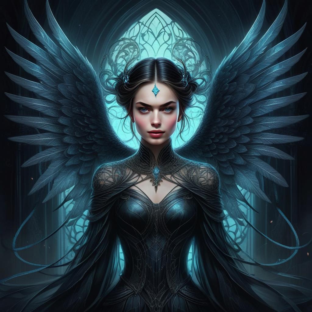Woman with Dark Wings and Blue Gem in Gothic Fantasy Art