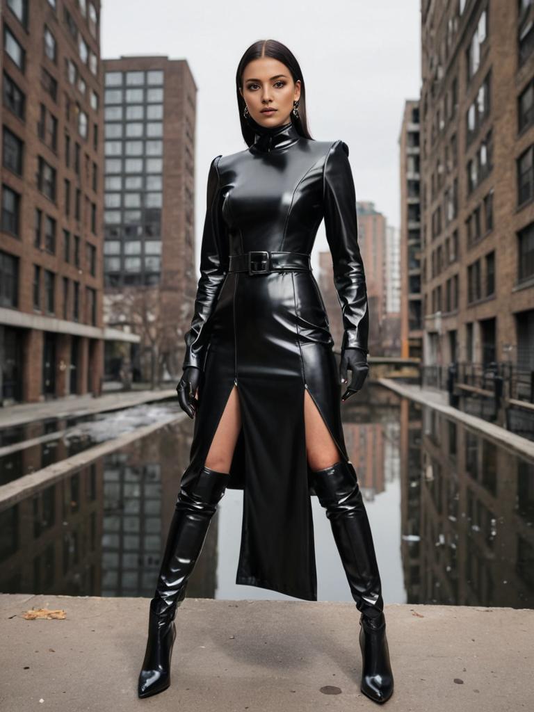 Confident Woman in Black Leather Outfit