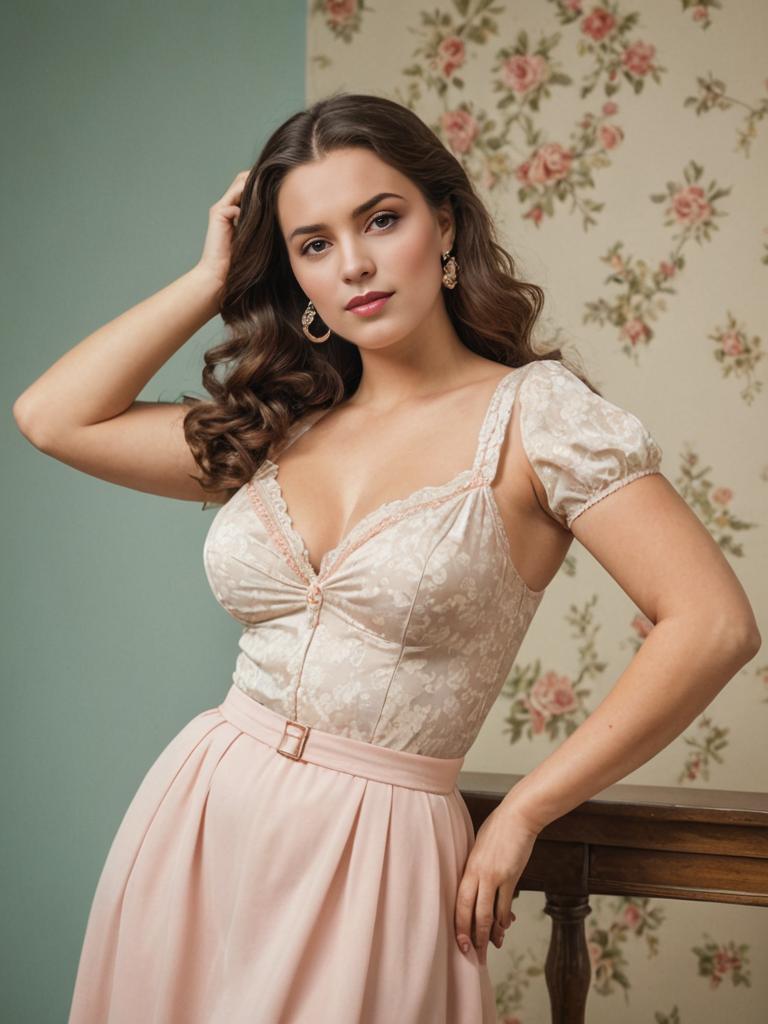 Elegant Woman in Vintage Attire Against Floral Background