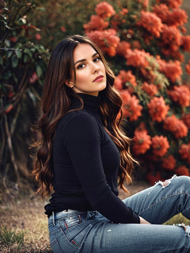 Young Woman in Black Turtleneck Among Orange Flowers