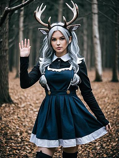Young Woman in Deer Antler Headband Cosplay Dress in Forest