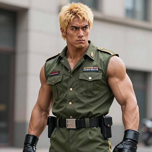 Muscular Man in Sleeveless Military Shirt with Blonde Hair