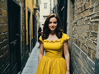 Young Woman in Yellow Dress Posing in Narrow European Alleyway Vintage Style