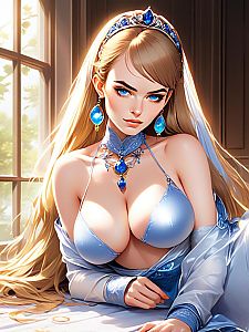 Elegant Fantasy Woman in Blue with Gemstone Jewelry Digital Illustration