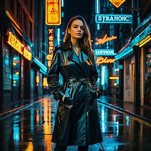Woman in Black Trench Coat on Neon-Lit Rainy Urban Street