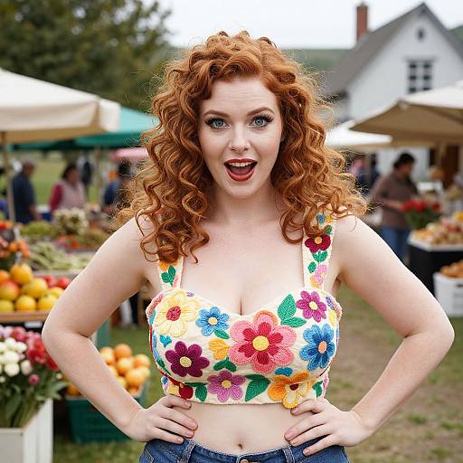 Red-Haired Woman in Floral Crop Top at Outdoor Market