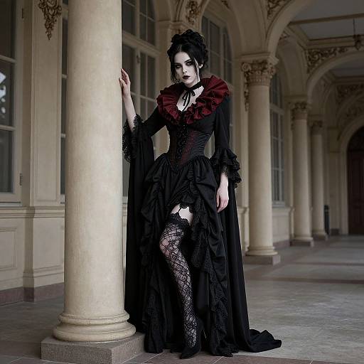 Gothic Victorian Woman in Elegant Dark Dress by Historic Columns