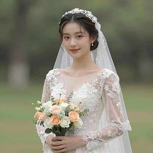 Elegant Bride in Lace Wedding Dress Holding Pastel Rose Bouquet