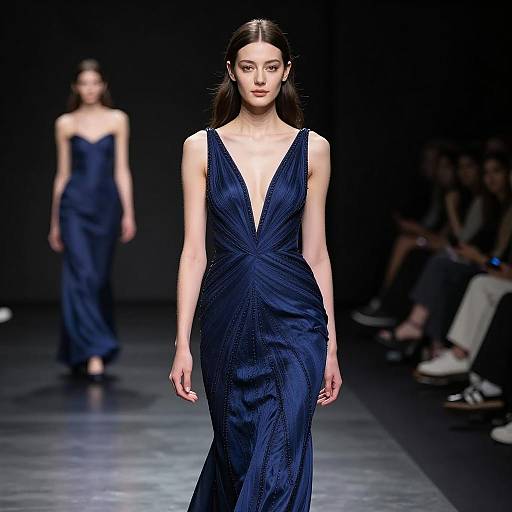 Elegant Blue Evening Gown on Woman Runway Fashion Show