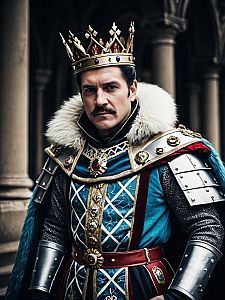 Photorealistic Man in Medieval King Costume with Crown and Armor