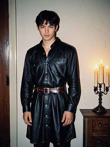 Man Wearing Black Leather Belted Shirt Dress with Candlelight