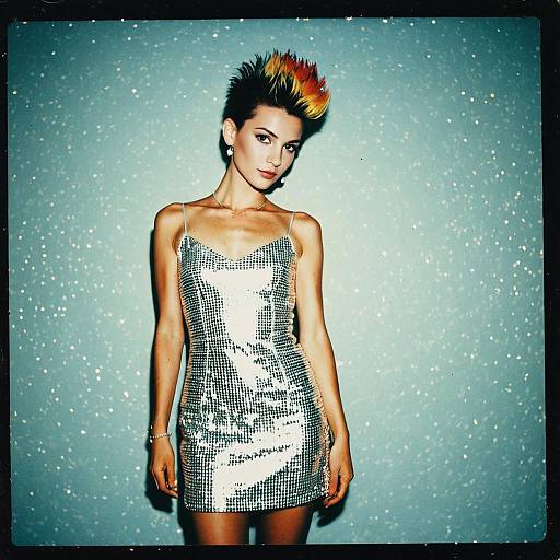 Edgy Woman in Silver Sequin Dress with Multicolored Mohawk Hairstyle