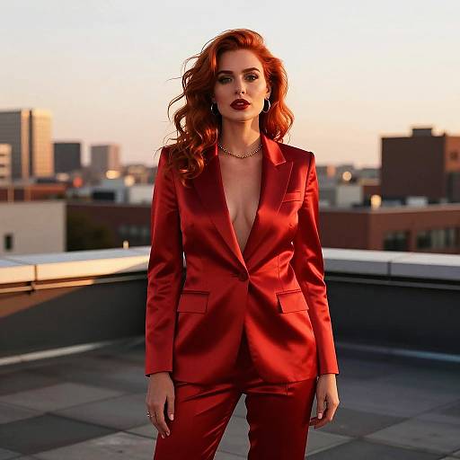 Gen Z Woman in Red Satin Suit Posing on Rooftop at Sunset