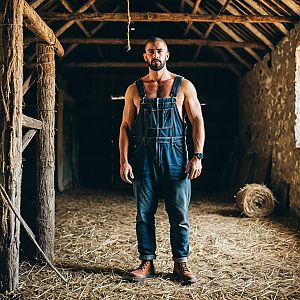 Muscular Man in Denim Overalls in Rustic Barn