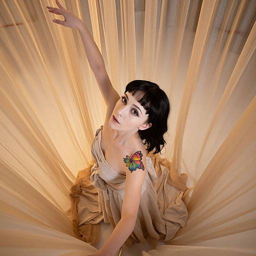 Graceful Woman with Butterfly Tattoo Surrounded by Flowing Beige Fabric