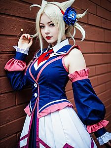 Realistic Vinsmoke Reiju Cosplay Woman Character in Blue and Pink Anime Costume