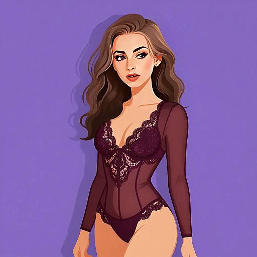 Woman Wearing Deep Burgundy Lace Mesh Lingerie Digital Illustration