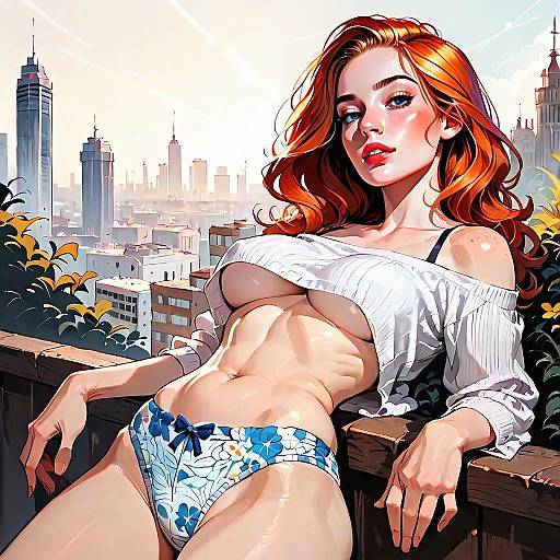 Red-Haired Woman Relaxing on Balcony Overlooking City - Digital Art