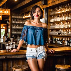Confident Woman at Rustic Bar in Stylish Blue Top