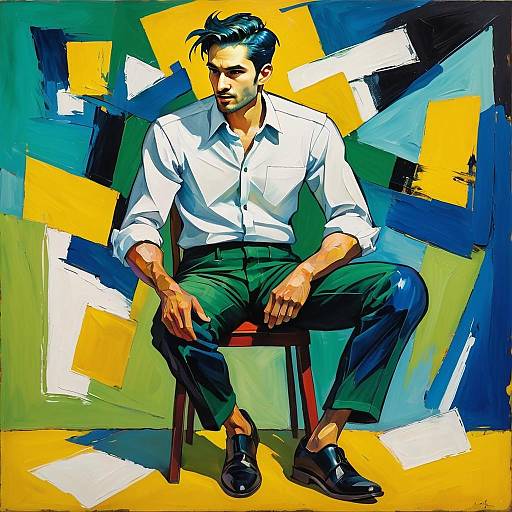 Modern Portrait of Man Sitting with Abstract Geometric Background