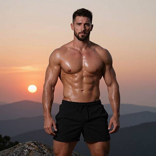 Muscular Man Standing on Mountain at Sunset with Athletic Physique
