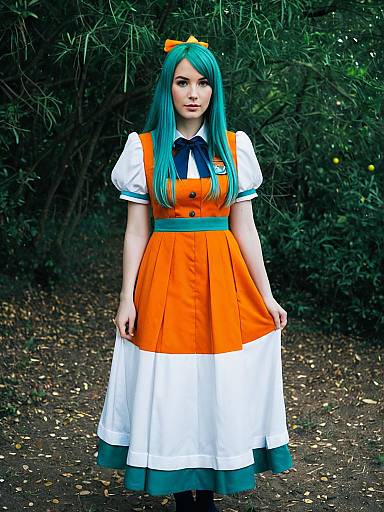 Alice Carroll Cosplay Woman in Orange and White Dress with Turquoise Hair