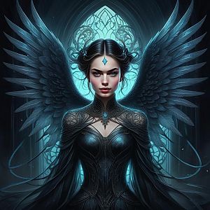 Woman with Dark Wings and Blue Gem in Gothic Fantasy Art