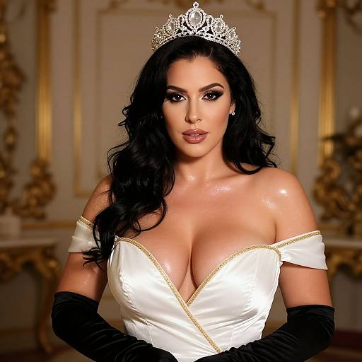 Elegant Woman in White Gown and Jeweled Tiara Portrait