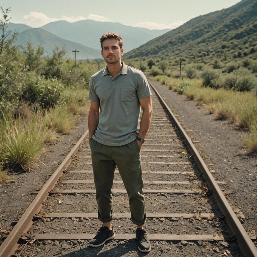 Confident Man on Railroad Tracks with Mountains