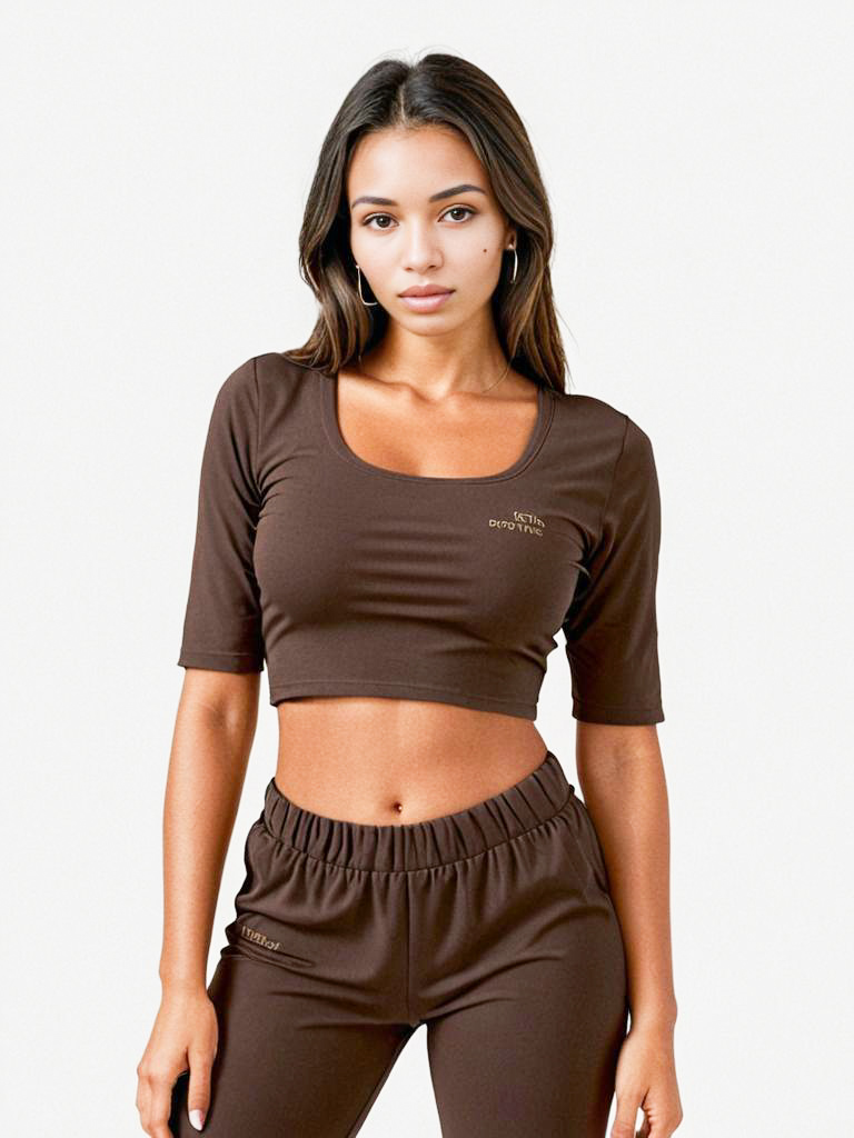 Confident Woman in Brown Cropped Top and High-Waisted Pants