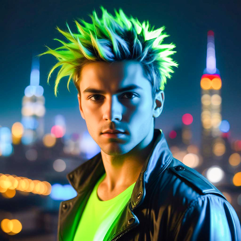 Young Man with Neon Spiked Hair in City at Night