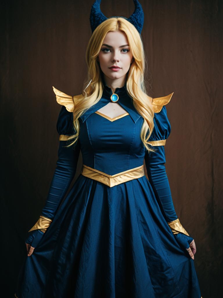 Realistic Luna Cosplay Woman Character in Blue and Gold Costume