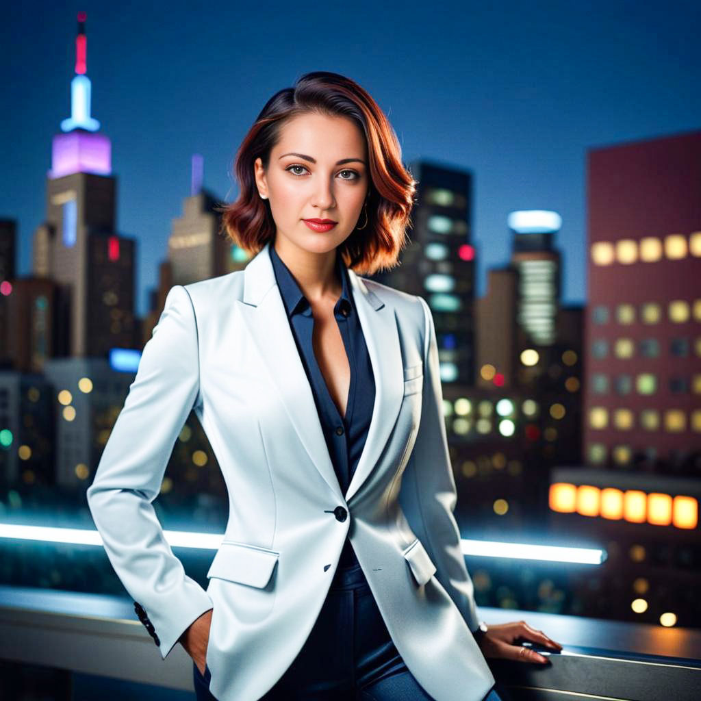 Confident Woman in White Blazer Against Urban Skyline