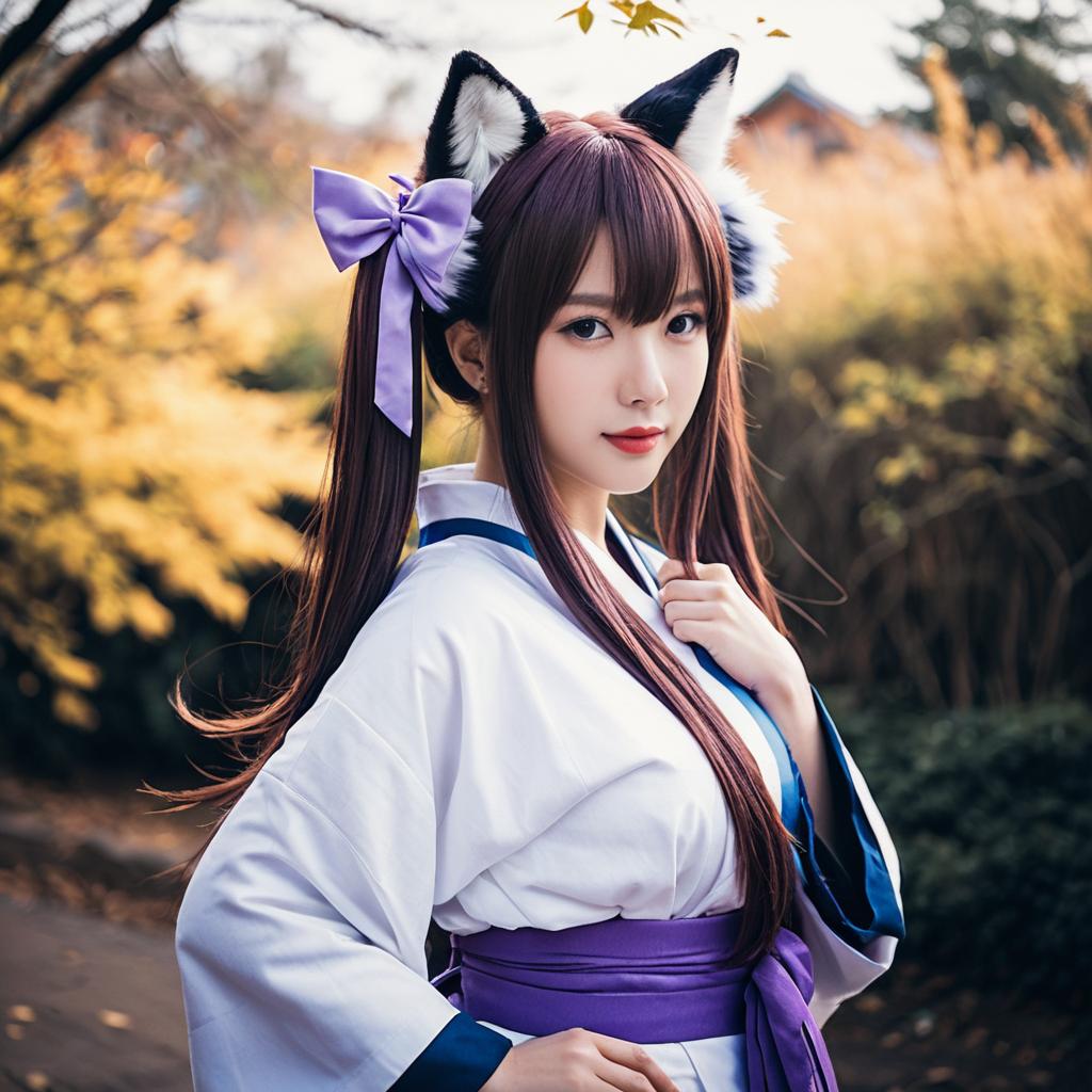 Amagi-chan Azur Lane Cosplay with Fox Ears in Autumn Setting