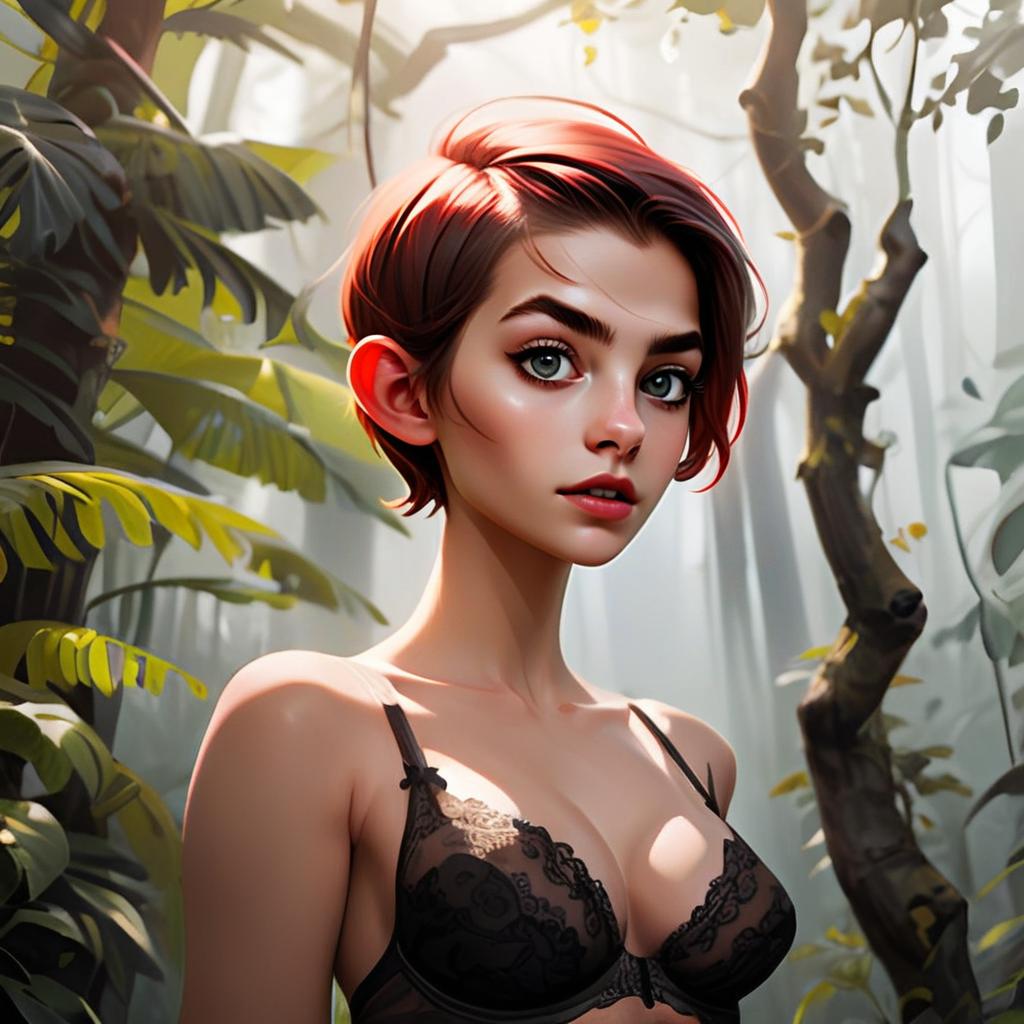 Digital Art Portrait of Young Woman in Black Lace Lingerie in Tropical Setting