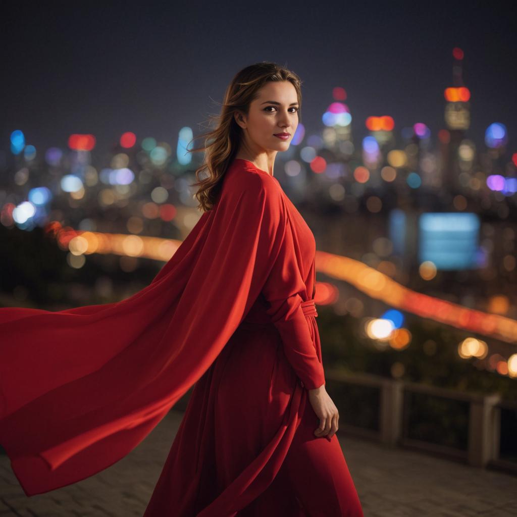 Woman in Elegant Red Dress with City Skyline