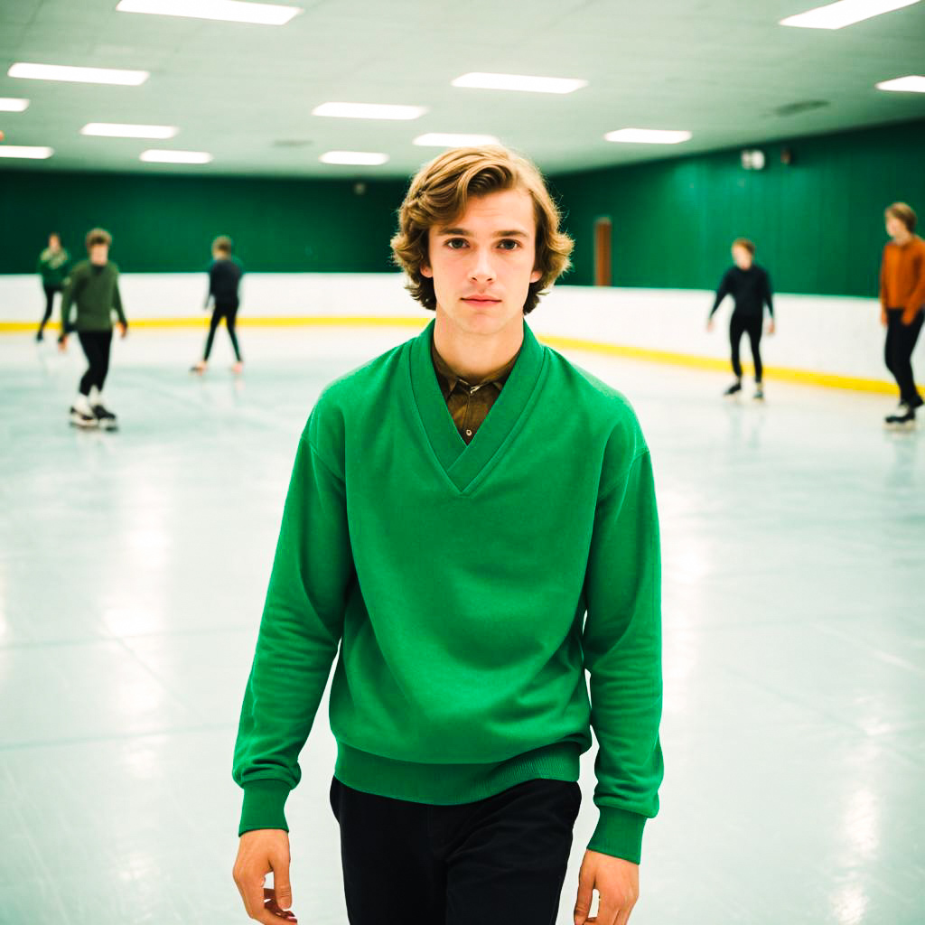 Young Man Ice Skating in Green Sweater