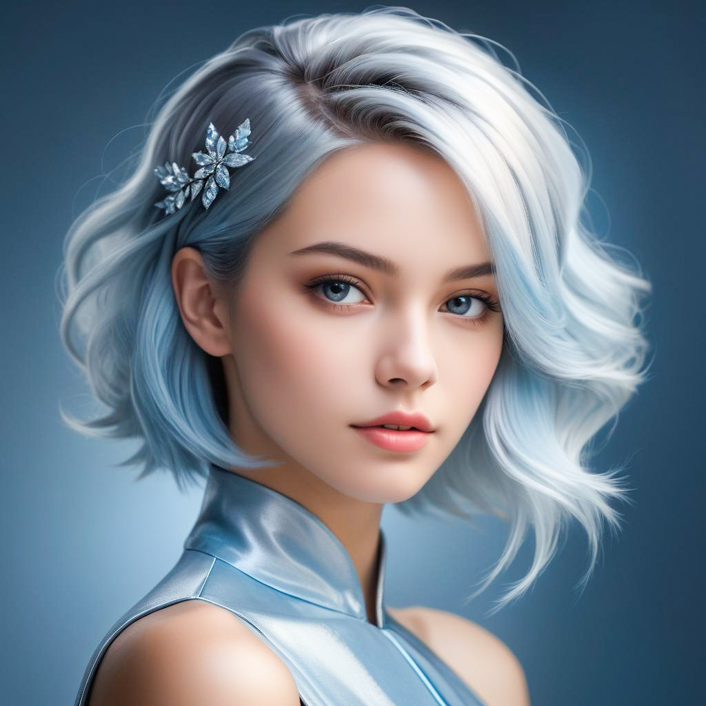 Elegant Woman with Silver-Blue Hair and Futuristic Style