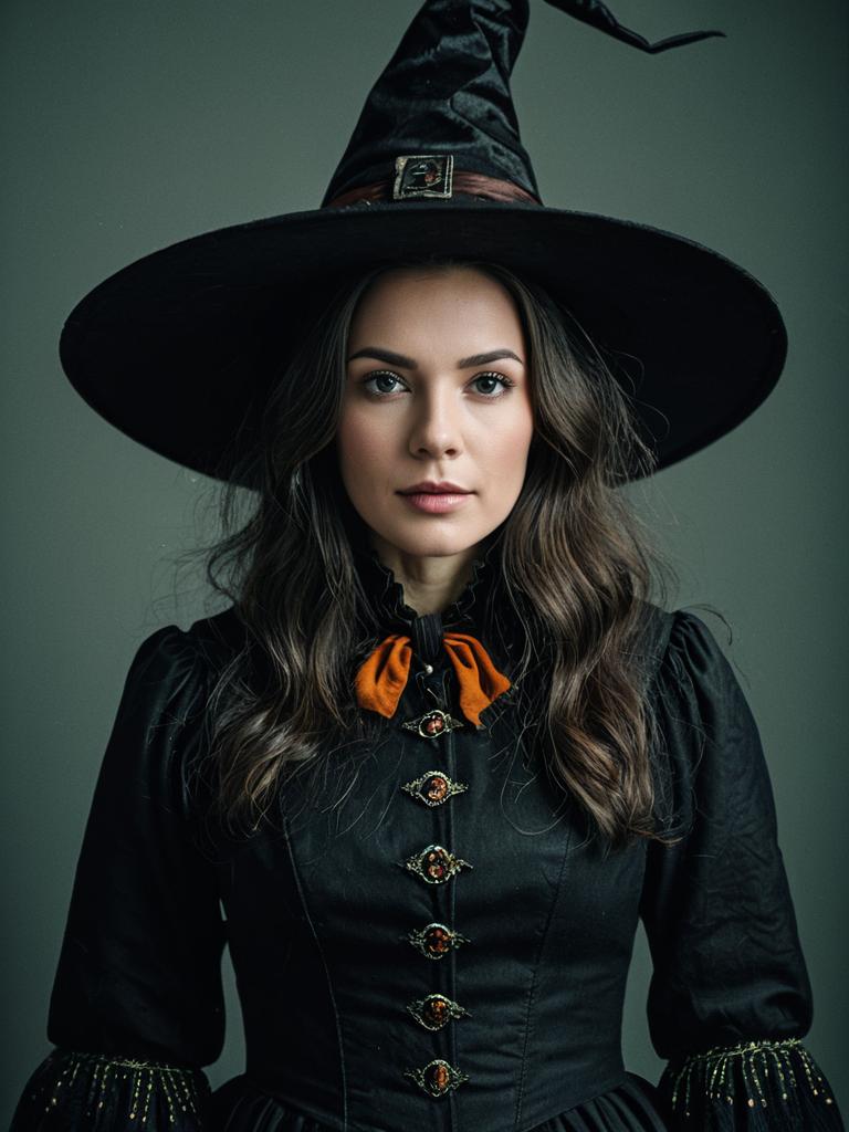 Photorealistic Woman in Elizabethan Witch Costume with Traditional Hat