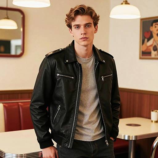 Young Man Wearing Black Leather Jacket in Retro Diner Setting