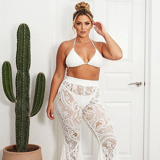 Stylish Woman in White Lace Bikini and Sheer Pants with Indoor Cactus
