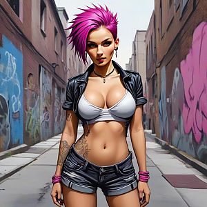 Confident Woman with Pink Hair in Urban Alley